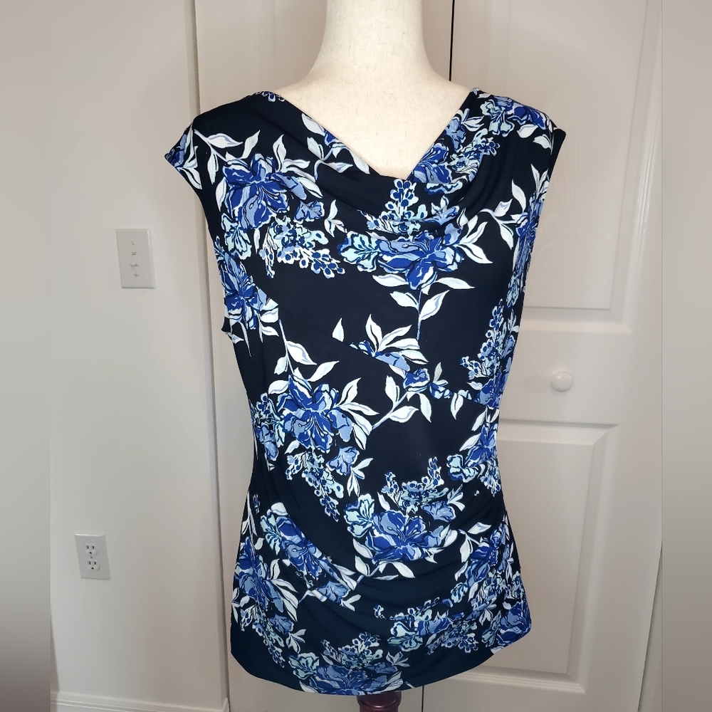 Ann Taylor Women's Large Navy Blue with flowers sleeveless blouse.